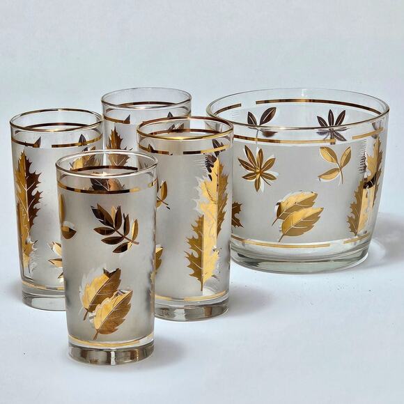 Libbey Gold Leaf Ice Bucket & 4 Glasses - Picture 1 of 3
